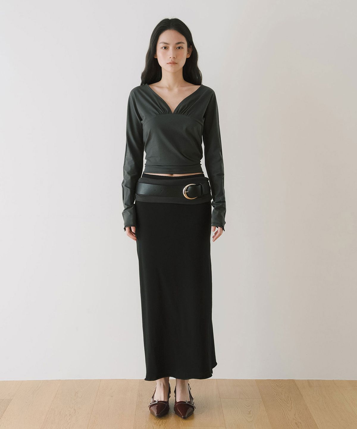 이어닝(YEARNING) DOUBLE LAYERED SHIRRING MAXI SKIRT, BLACK