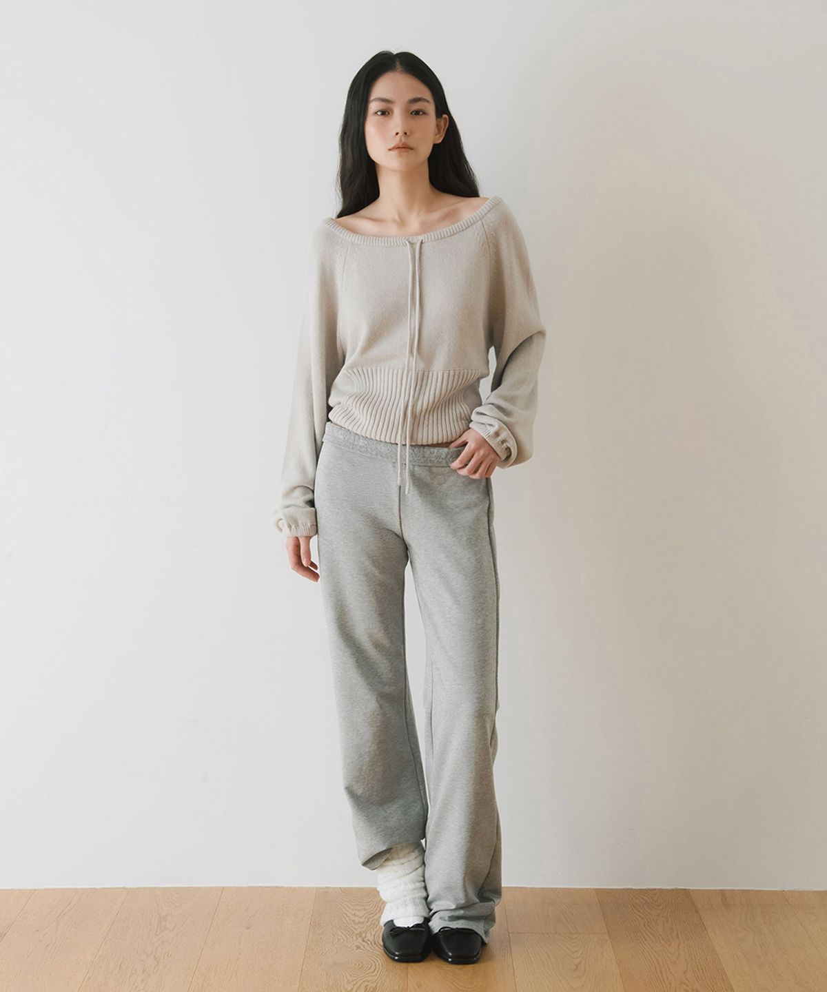 이어닝(YEARNING) LACE BANDING JERSEY PANTS, GREY