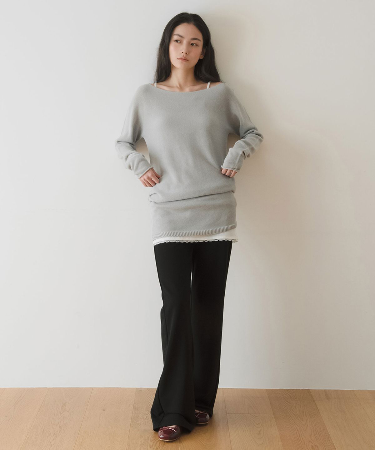 이어닝(YEARNING) LACE BANDING JERSEY PANTS, BLACK