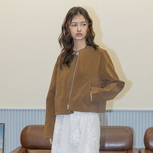 DD_Suede zip round neck jacket_BROWN