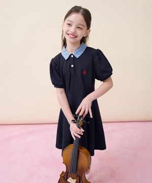 체크 칼라 반소매 피케 원피스 - 네이비 (BI6371G01R)