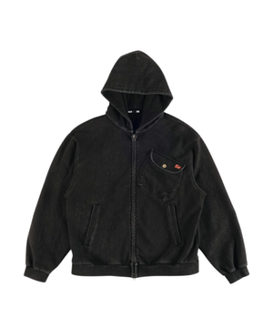 Chest Pocket Hoodie Zip Up Black