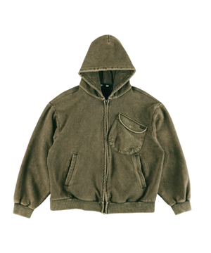 Chest Pocket Hoodie Zip Up Brown