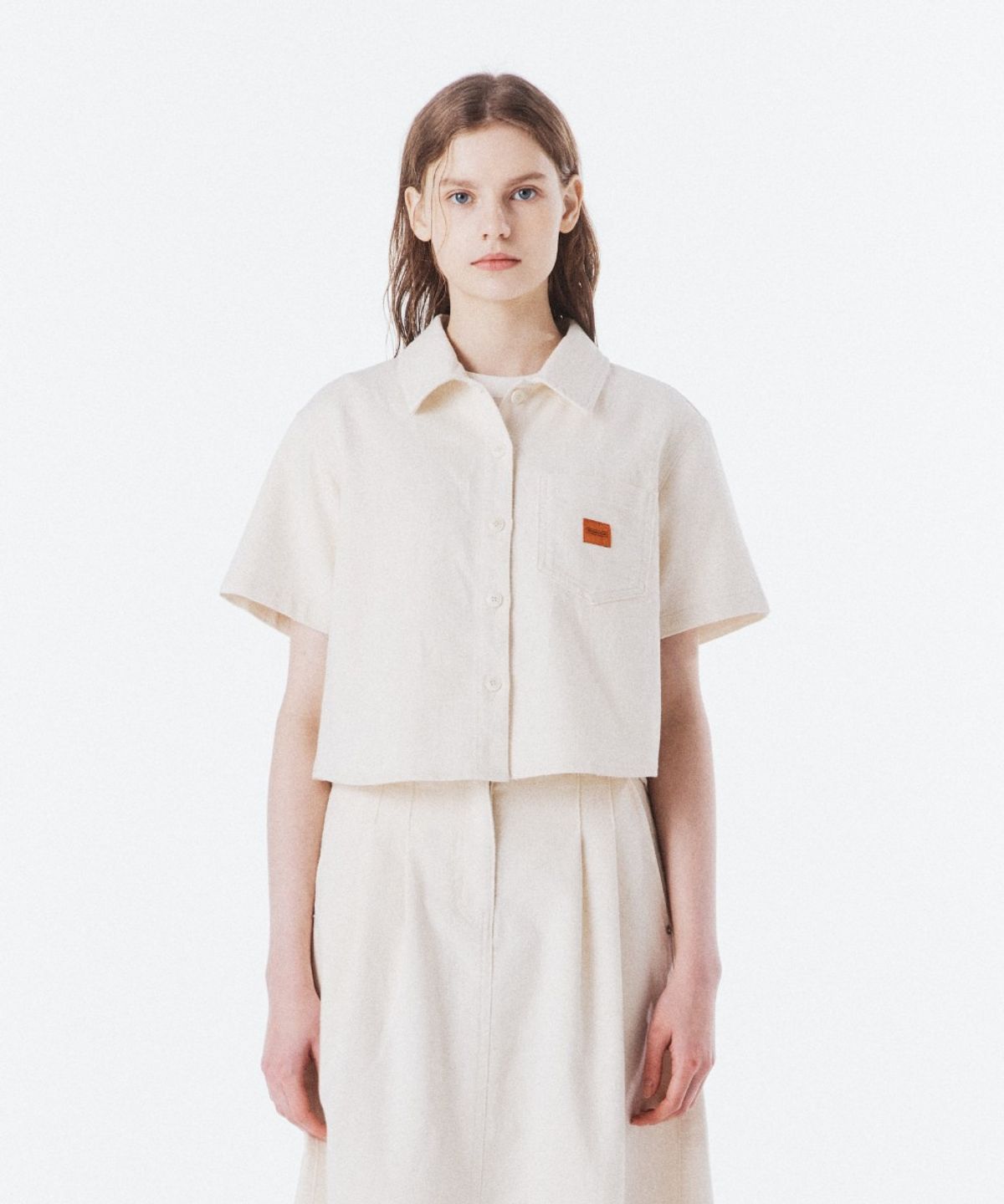 브롬톤 런던(BROMPTON LONDON) W CROP DENIM HALF SLEEVE SHIRT - IVORY (P262WSH483)