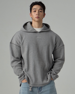 와플 니트 오버로크 오버핏 후드티 [그레이]