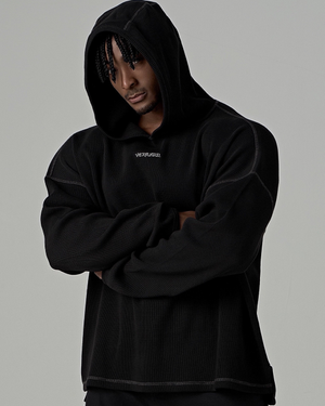 와플 니트 오버로크 오버핏 후드티 [블랙]