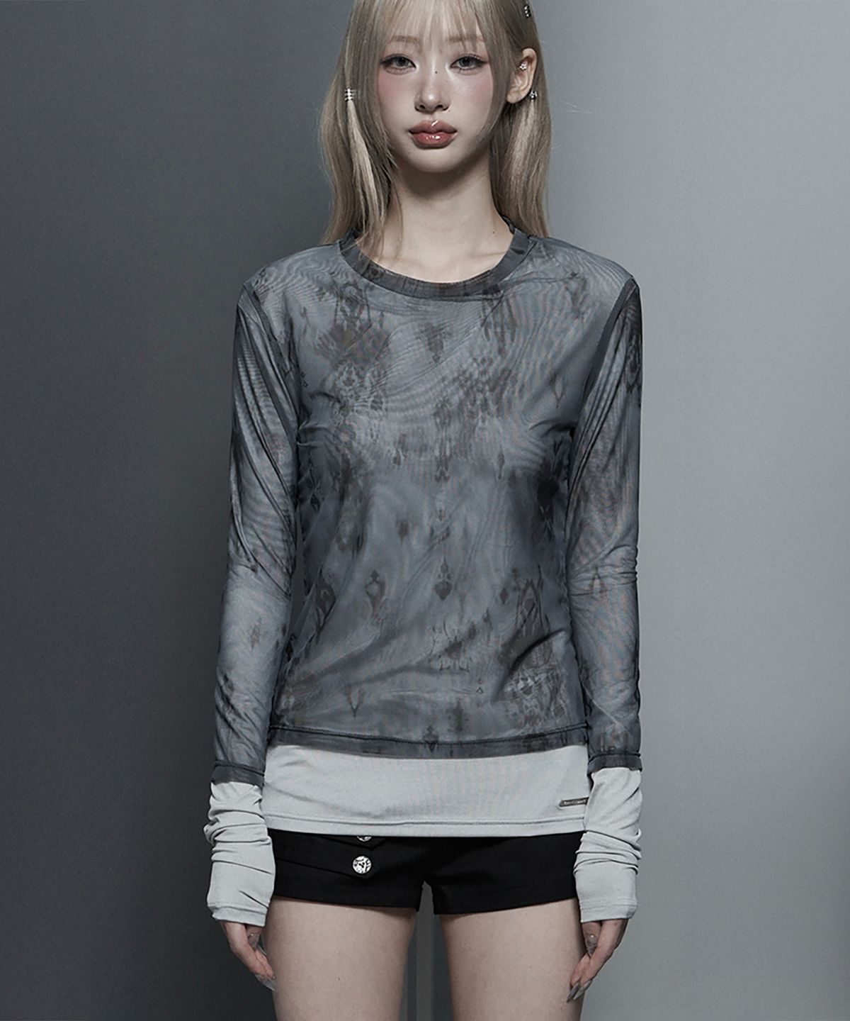 에트오소메(ETRE AU SOMMET) Sheer Double Rib Long Sleeve Top (Light Gray)