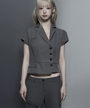 Cropped Short Sleeve Tailored Jacket (Dark Gray)