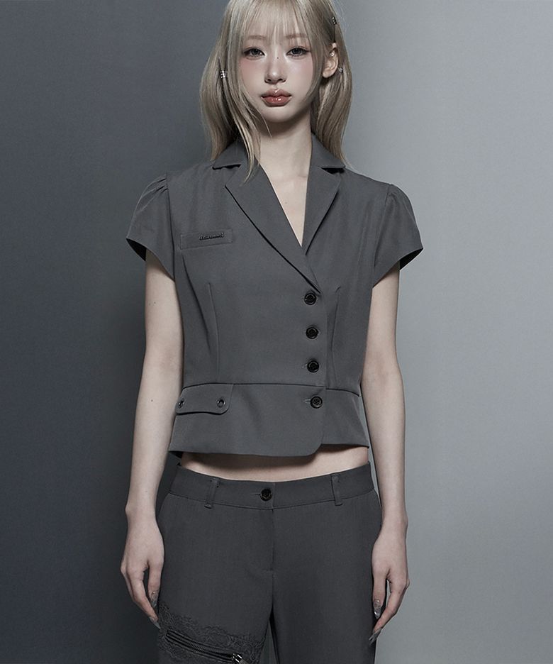 Cropped Short Sleeve Tailored Jacket (Dark Gray)