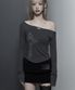 Lettering Printing One-Shoulder Long Sleeve Top (Dark Gray)