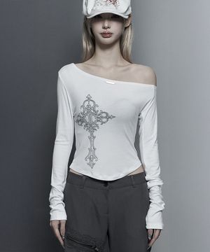 Lettering Printing One-Shoulder Long Sleeve Top (White)