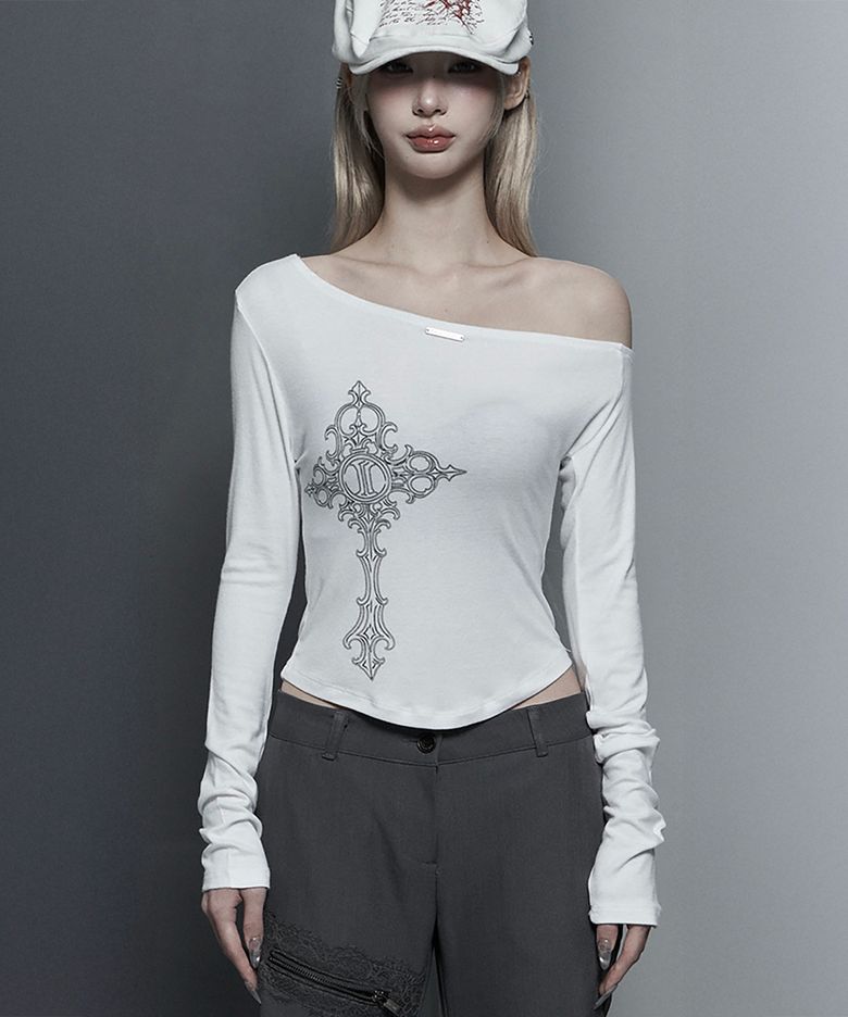 Lettering Printing One-Shoulder Long Sleeve Top (White)