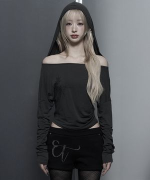 Lettering Hooded Slim-Fit Long Sleeve Top (Dark Gray)