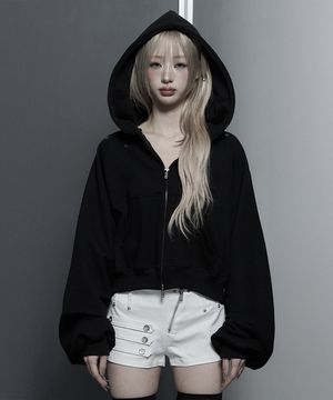 Hotfix Detail Cropped Two-Way Zip Hoodie (Black)