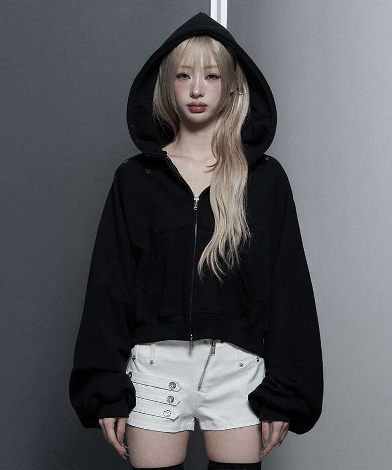 Hotfix Detail Cropped Two-Way Zip Hoodie (Black)
