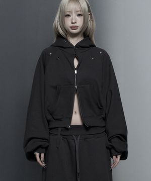 Hotfix Detail Cropped Two-Way Zip Hoodie (Charcoal)