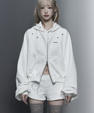 Hotfix Detail Cropped Two-Way Zip Hoodie (White)