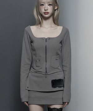 Square Button Point Slim-Fit Long Sleeve Top (Moca)