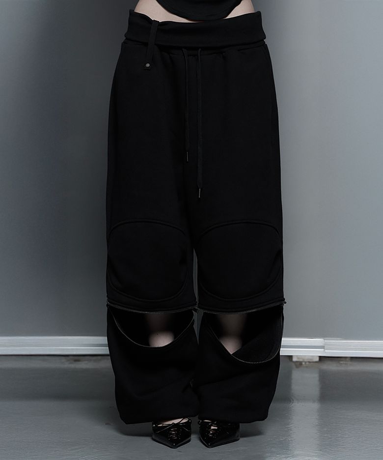 Zipper 2-Way Double Knee Bermuda Wide Pants (Black)