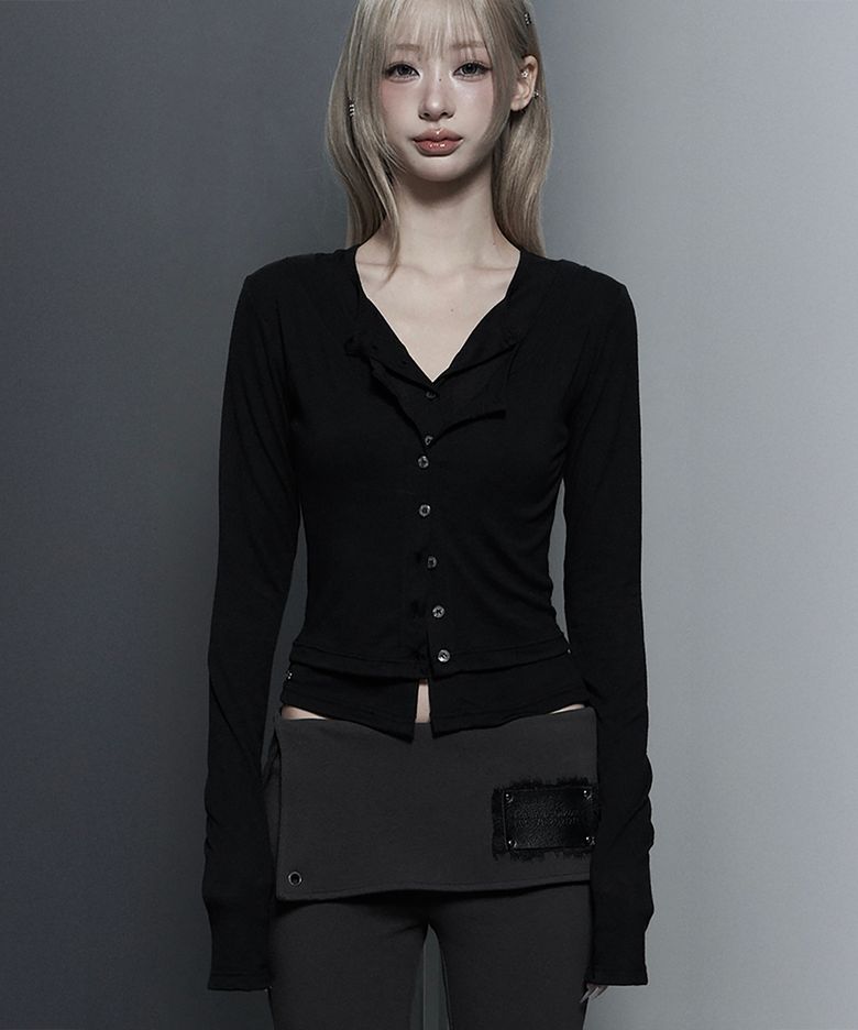 U-Neck Double Button layered Cardigan (Black)