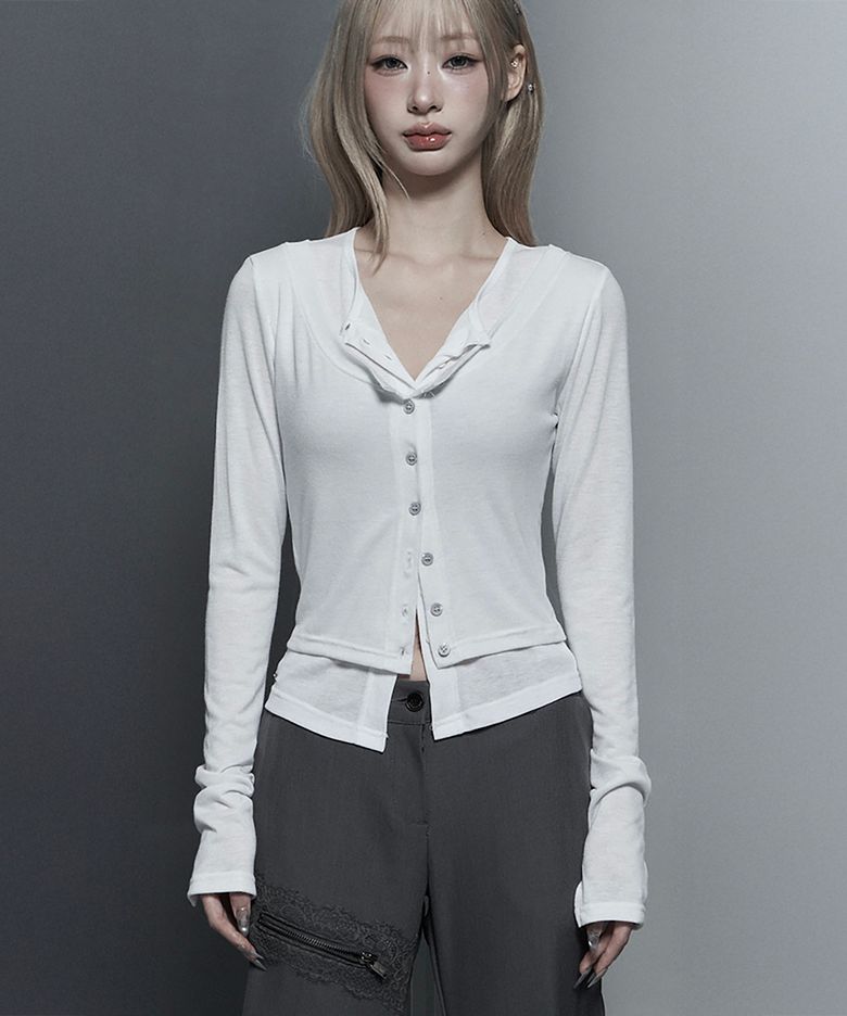U-Neck Double Button layered Cardigan (White)