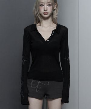 Rib Collar tattoo Long Sleeve Top (Black)