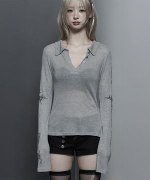 Rib Collar tattoo Long Sleeve Top (Light Gray)