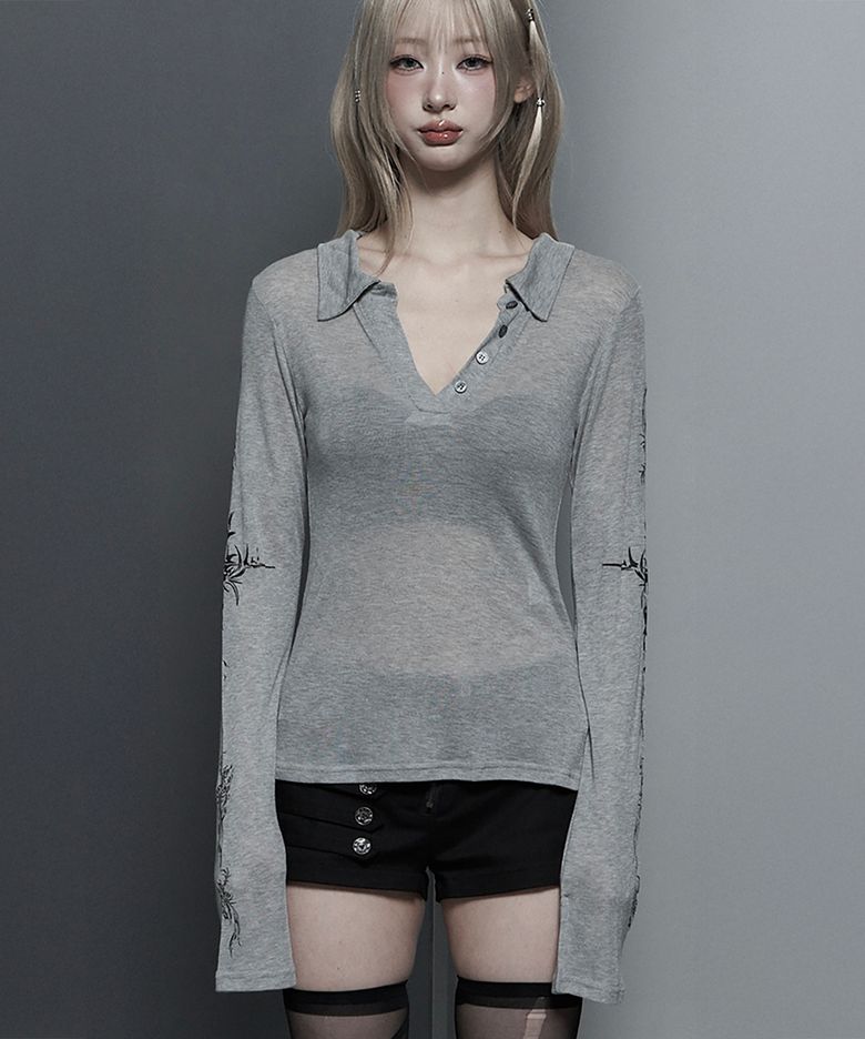 Rib Collar tattoo Long Sleeve Top (Light Gray)