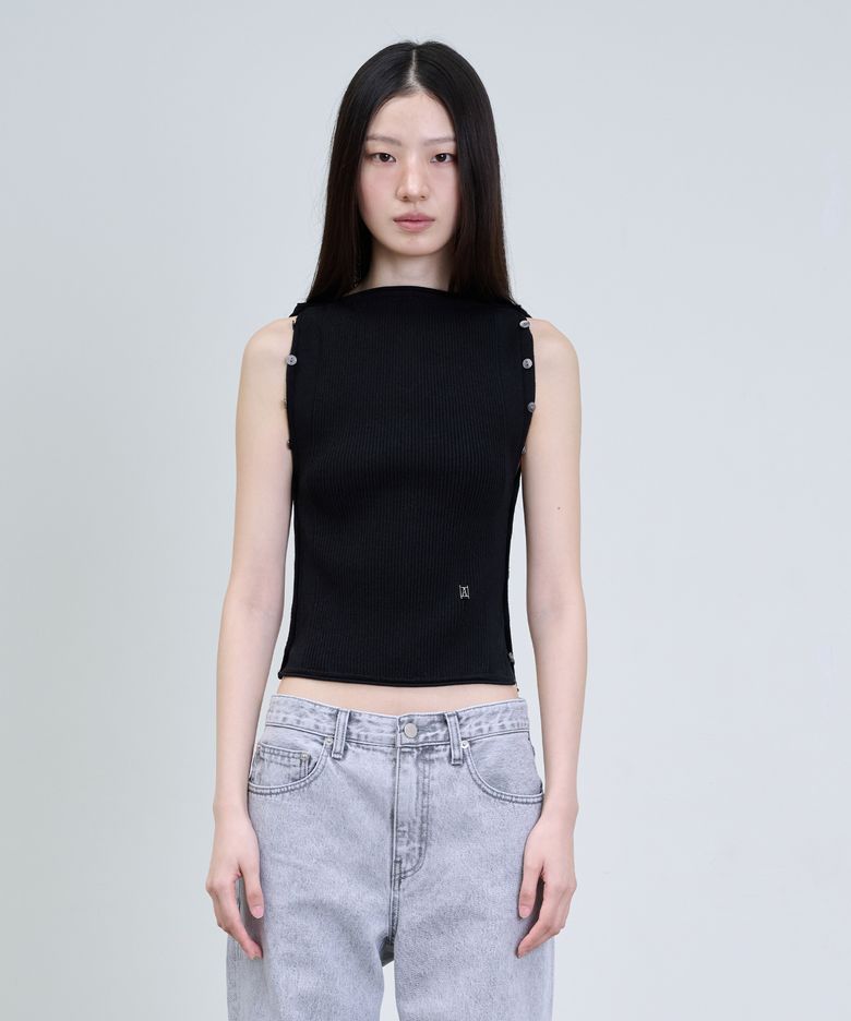 Paper Cotton Layered Button Top_Black