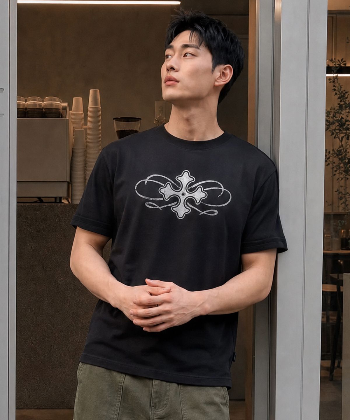 메종미네드(MAISON MINED) CELTIC CROSS WASHED HALF T BLACK