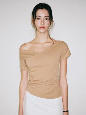 RONA SHIRRING T-SHIRT_BROWN
