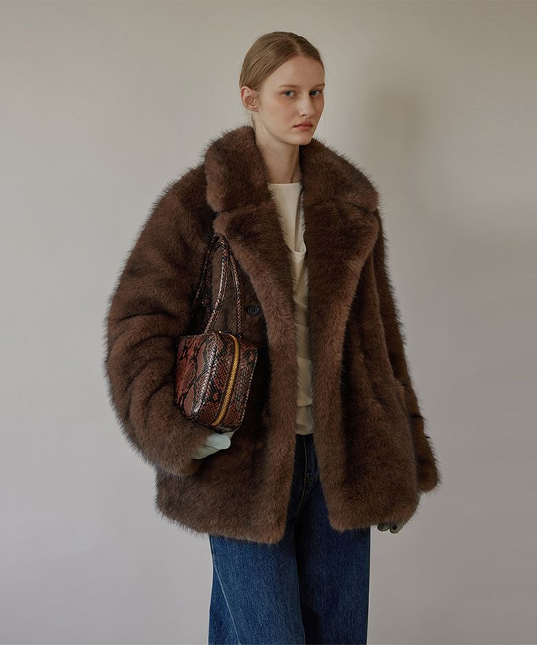Nostalgia Double-breasted Faux Fur Jacket-BROWN