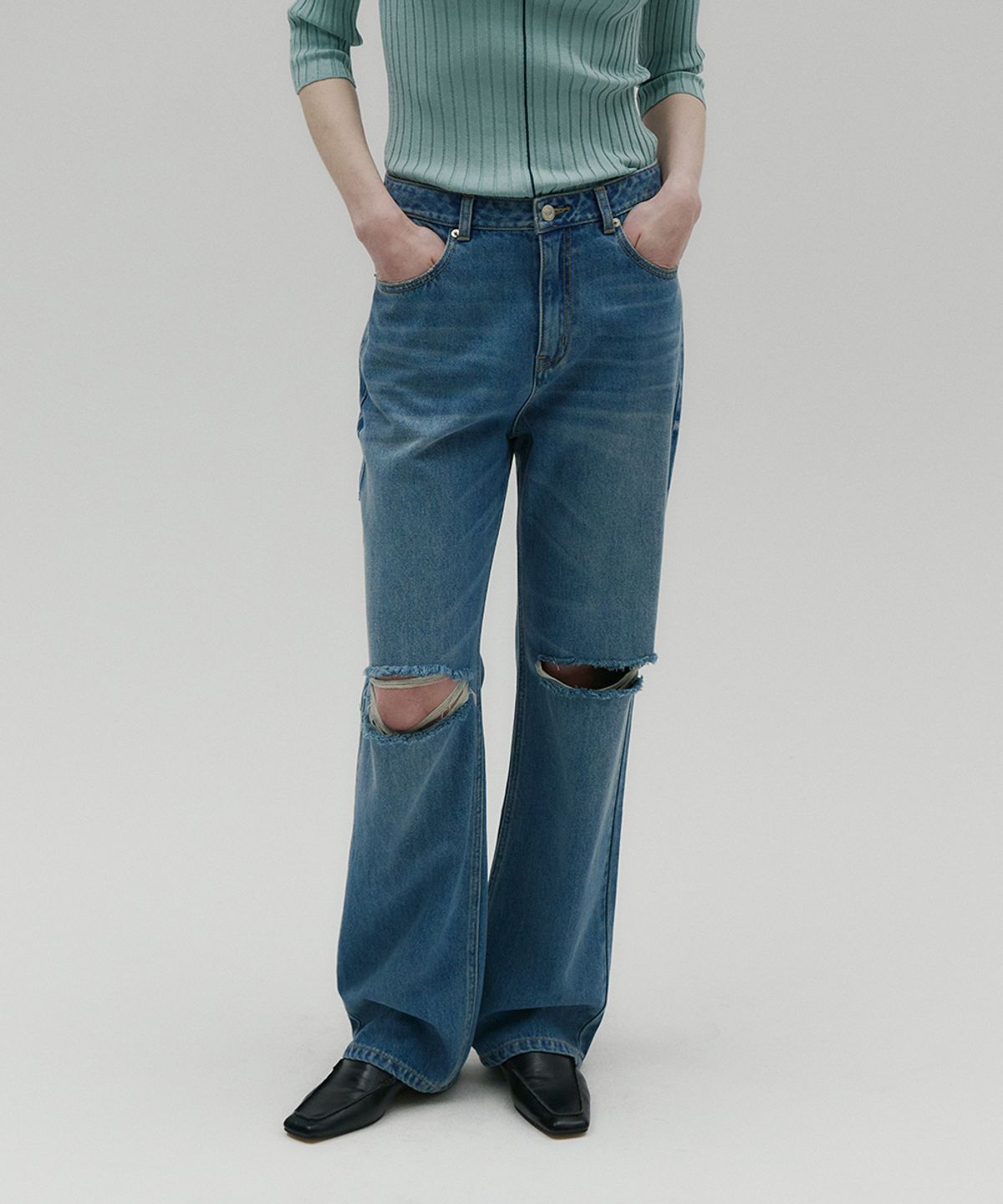 솔티페블(SALTY PEBBLE) WASHED DESTROYED JEANS [BLUE]