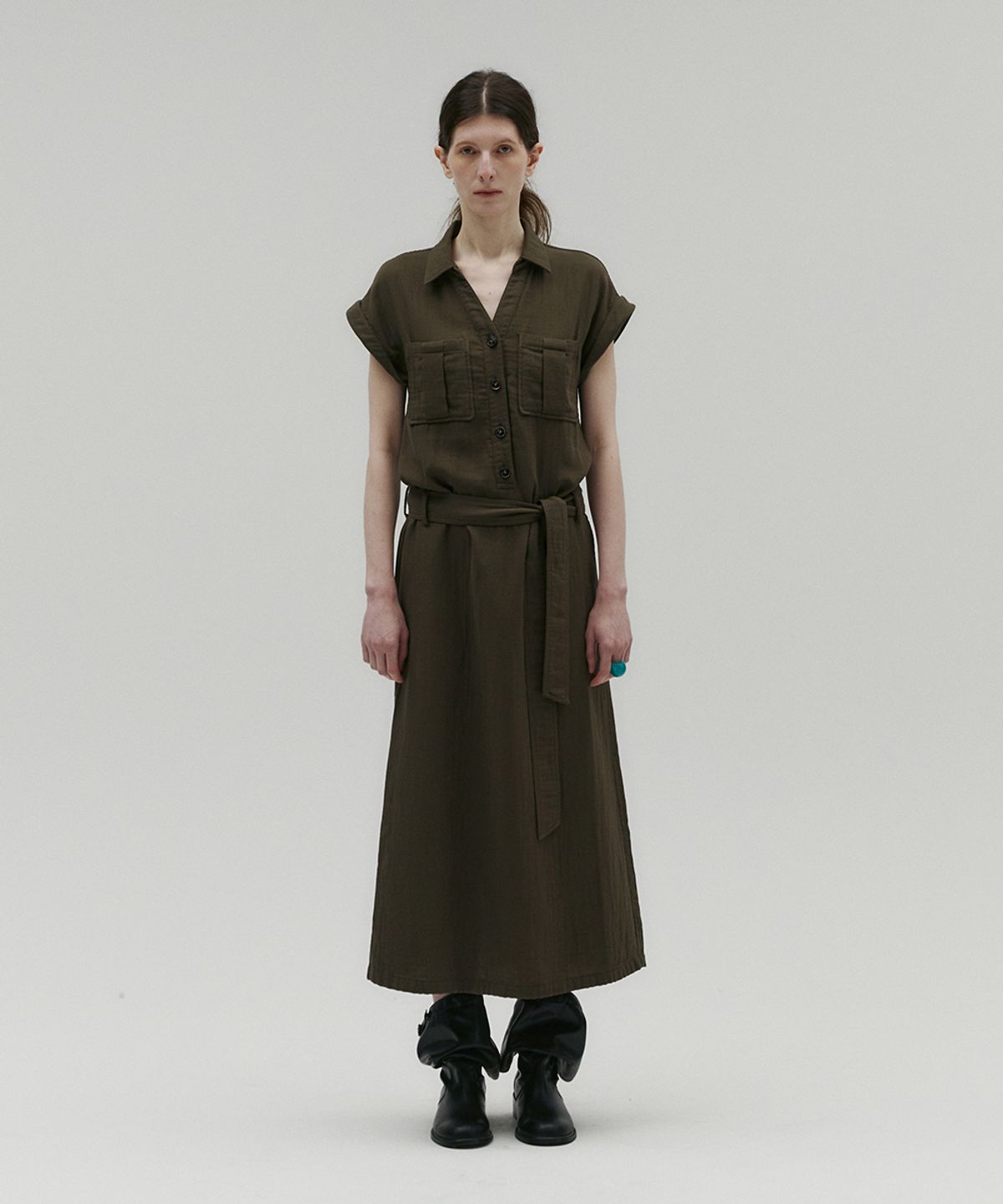 솔티페블(SALTY PEBBLE) VINTAGE WASHED SHIRT DRESS [BROWN]