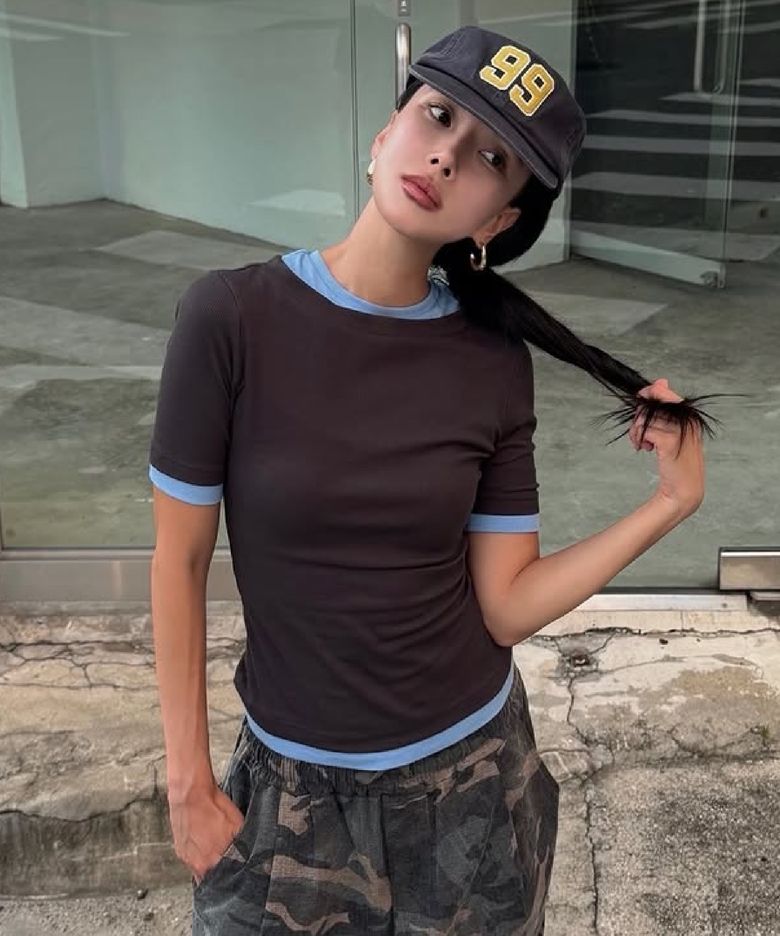 WOMEN BOAT NECK DOUBLE LAYER SLIM RIB T - ASH BLUE