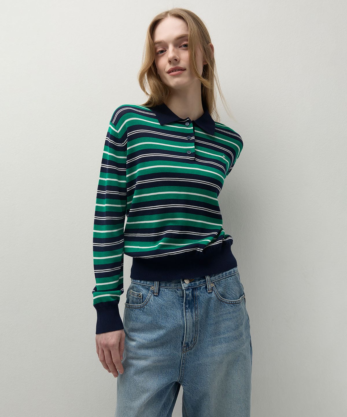 클로브(CLOVE) [26SS clove] Stripe Collar Button Pullover (Green)