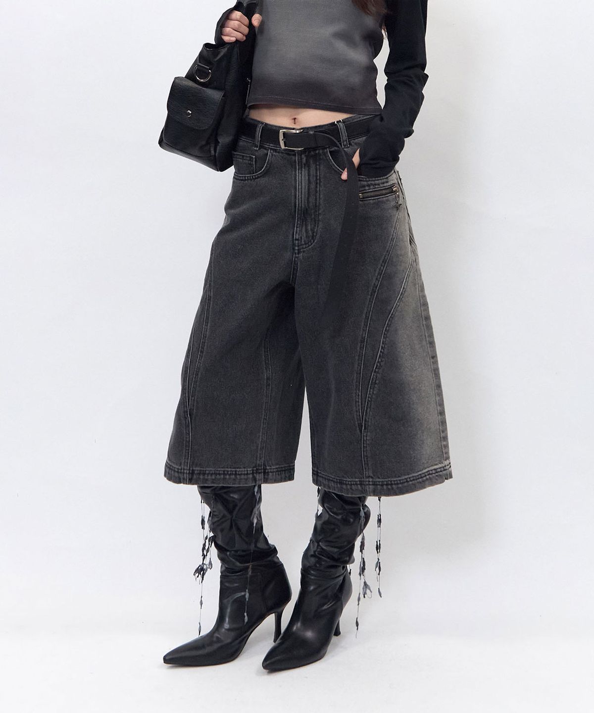 비엘알(BLR) Arc Line Bermuda Washing Denim Pants Grey