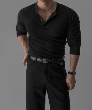 소프트 리브드 머슬 헨리넥 니트티 [블랙]