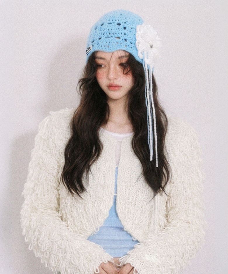 썬플라워 부케 로제트 크로셰 비니 모자 베이비 블루