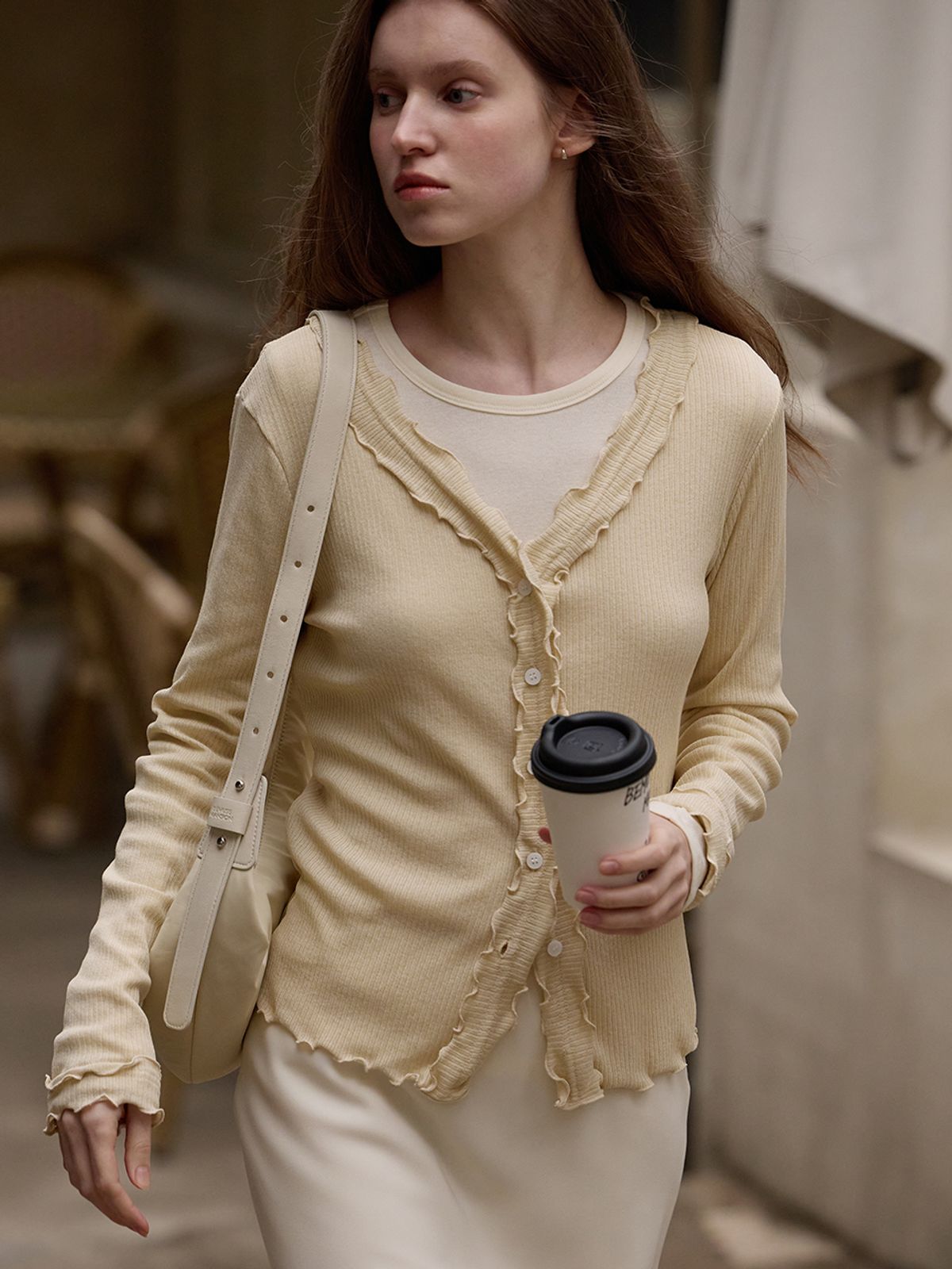 비뮤즈맨션(BEMUSE MANSION) Trimming ribbed cardigan - Beige