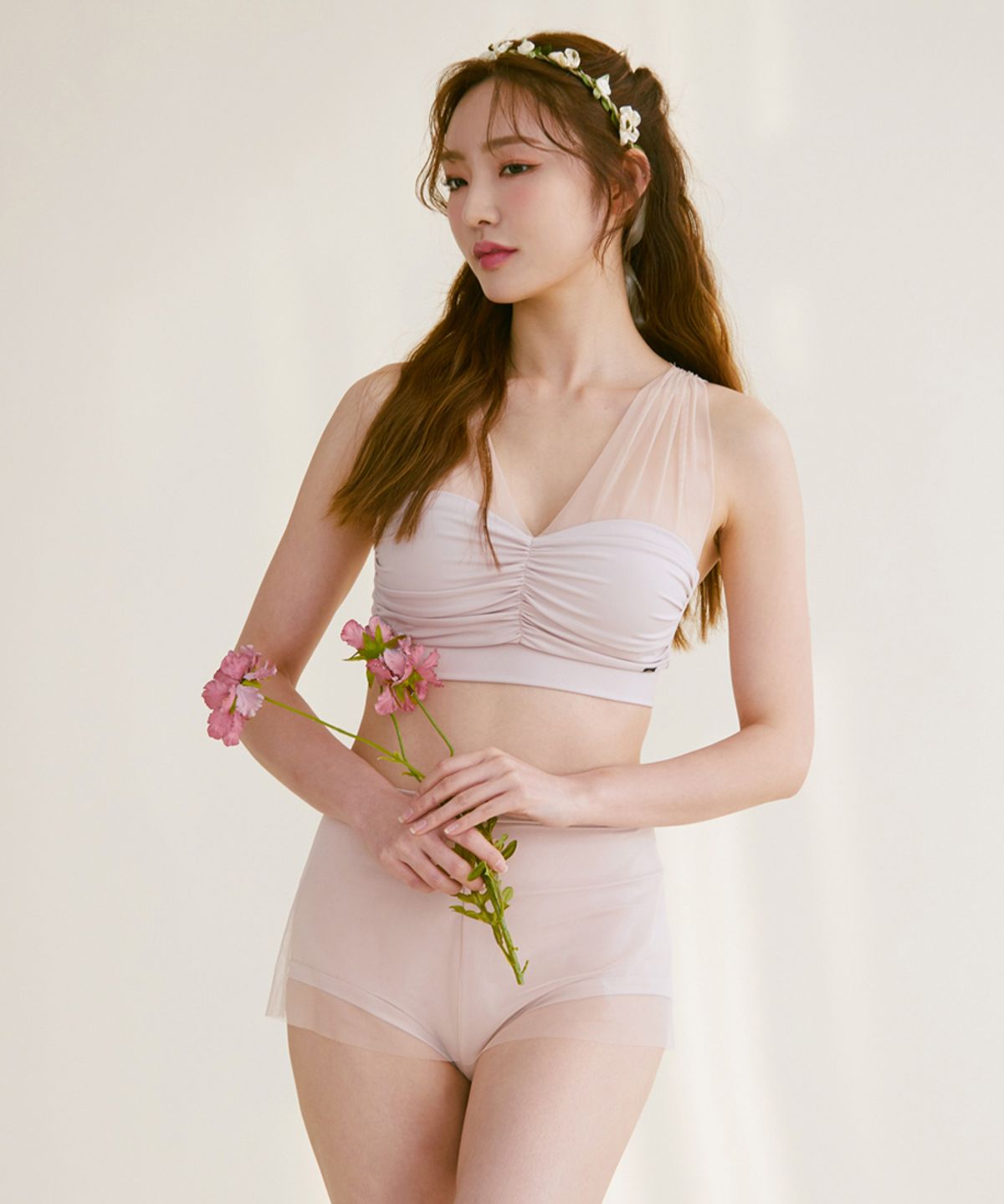 포리즈(PORRIZ) [TOP][다프네하트넥탑_누디피치] 메쉬 하트넥 셔링 브라탑