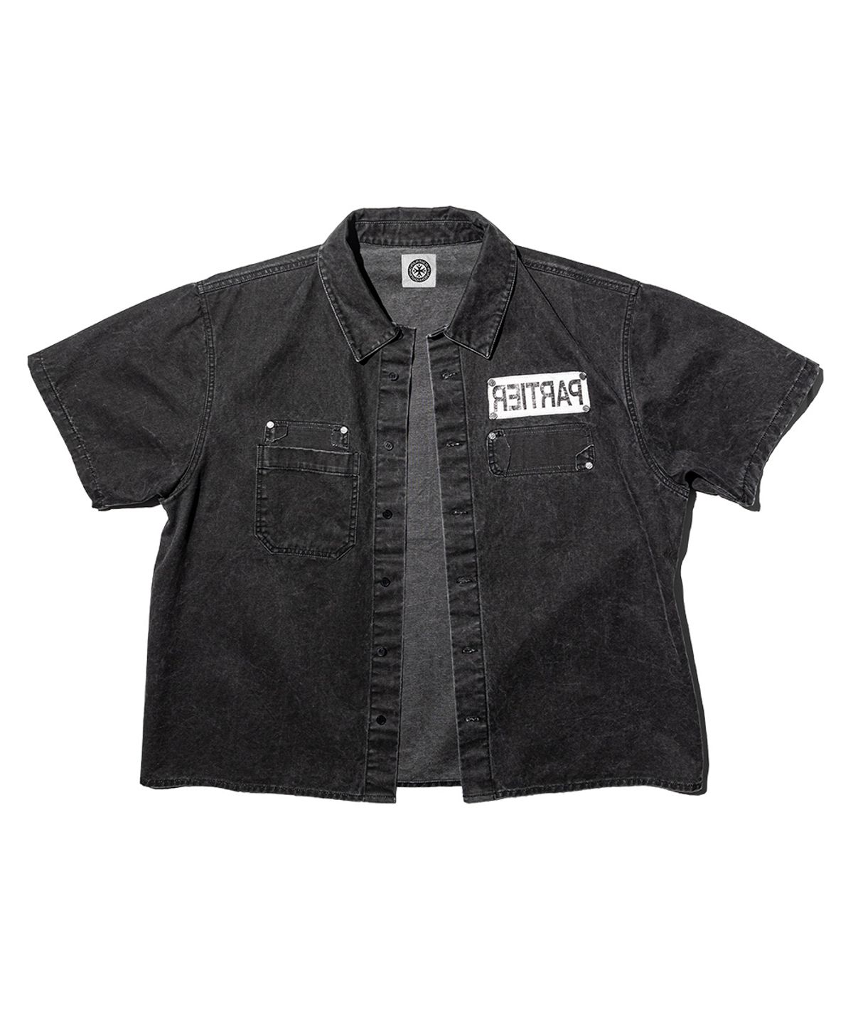 펀치드렁크파티즈(PUNCH DRUNK PARTIES) PARTIER Tagged Crop Shirt (BLEACHED BLACK)