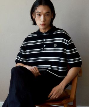 컬러 스트라이프 반소매 카라 니트(블랙)