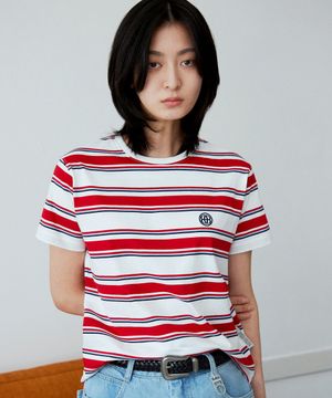 멀티 스트라이프 반소매 티셔츠(레드&아이보리)