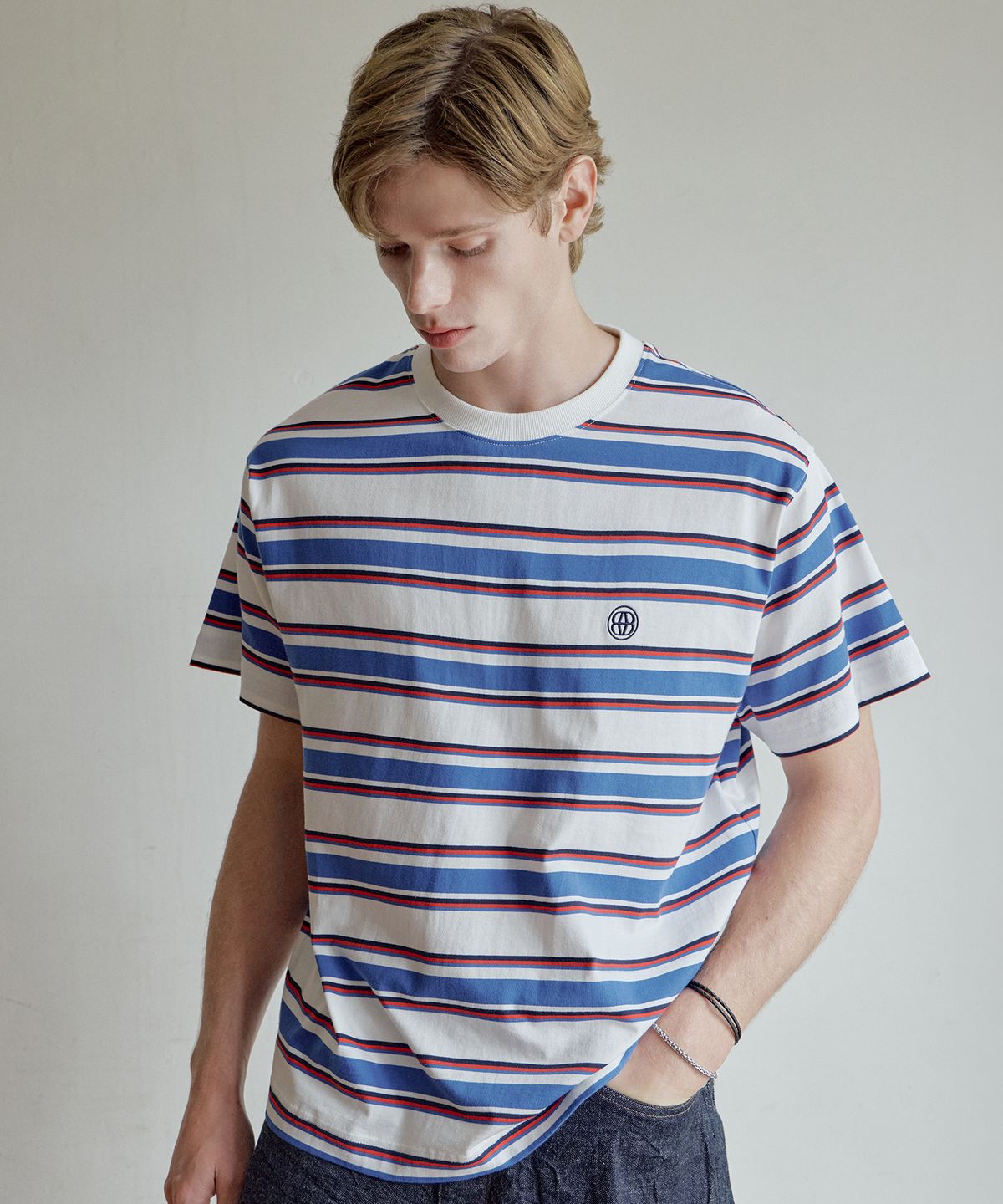 디써티원(DTHIRTYONE) Multi Stripe Short Sleeve T-Shirt (BLUE & IVORY)