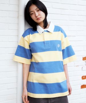 스트라이프 반소매 럭비 셔츠(스카이블루)