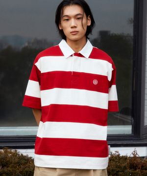 스트라이프 반소매 럭비 셔츠(레드)