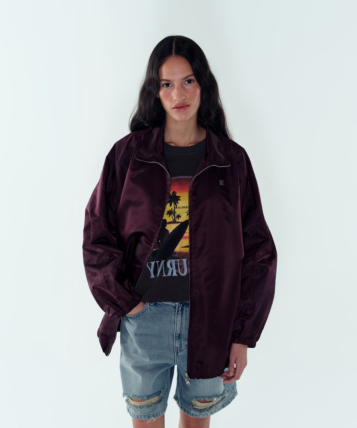 노이스(NOICE) W NYLON HIGH-NECK ZIP-UP JUMPER - WINE