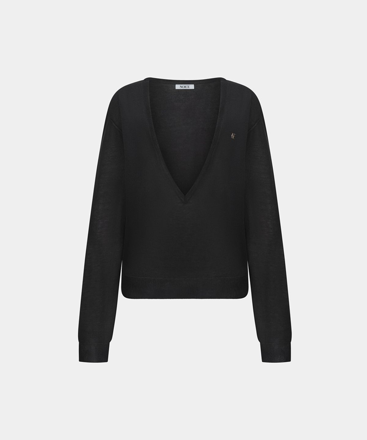 노이스(NOICE) W LINEN BLEND SHEER DEEP V-NECK KNIT TOP - CHARCOAL