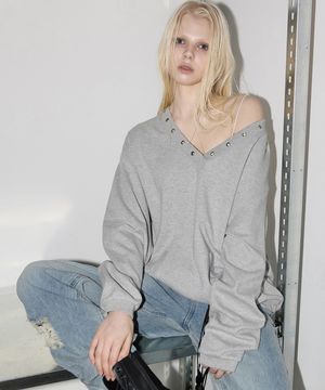 Damage Eyelet V-Neck Sweatshirt Melange Gray